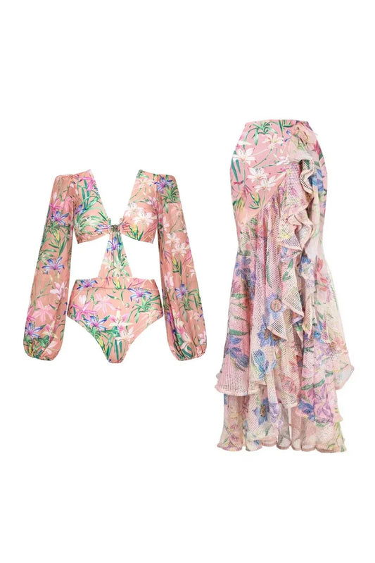 Mesh Patchwork Printed Long Sleeve Swimsuit