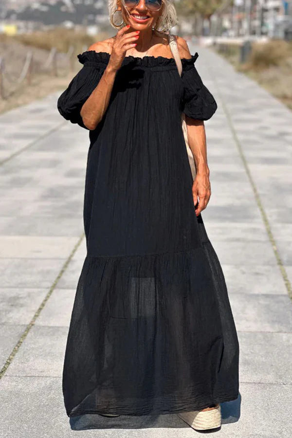 Linen Blend Ruffle Off Shoulder Puff Sleeve A-line Maxi Dress