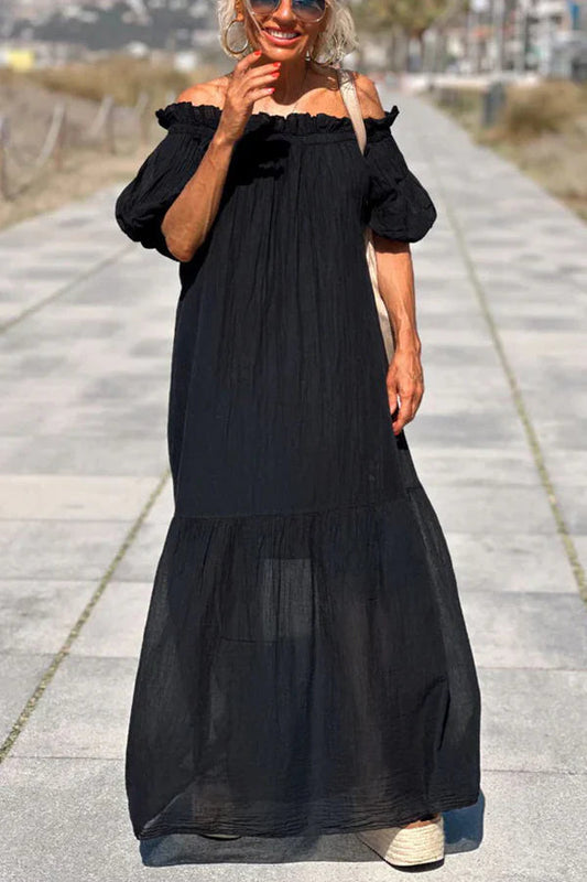 Linen Blend Ruffle Off Shoulder Puff Sleeve A-line Maxi Dress