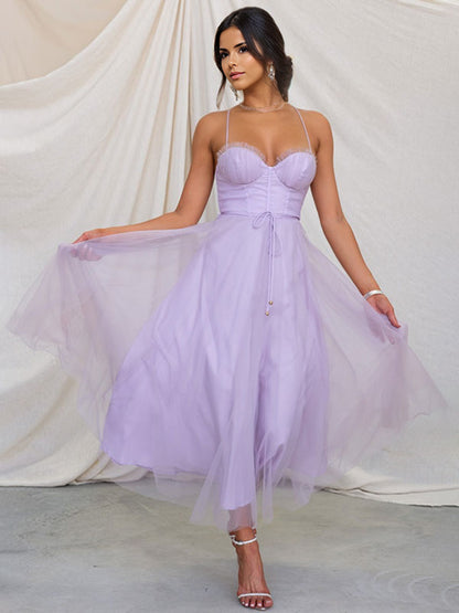 Corset Midi Dress Spaghetti Straps Shirred Lace-up Tulle Skirt Dresses