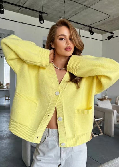 Bright Yellow Oversized Cardigan - Women’s V-Neck Knit Sweater