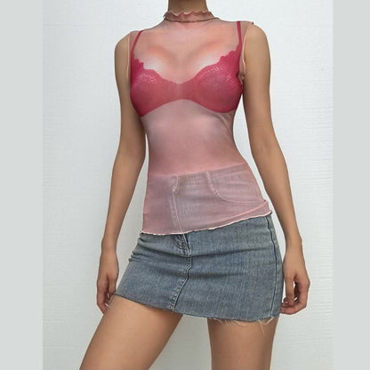 Crewneck sheer mesh print sleeveless contrast top