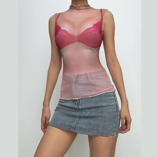 Crewneck sheer mesh print sleeveless contrast top