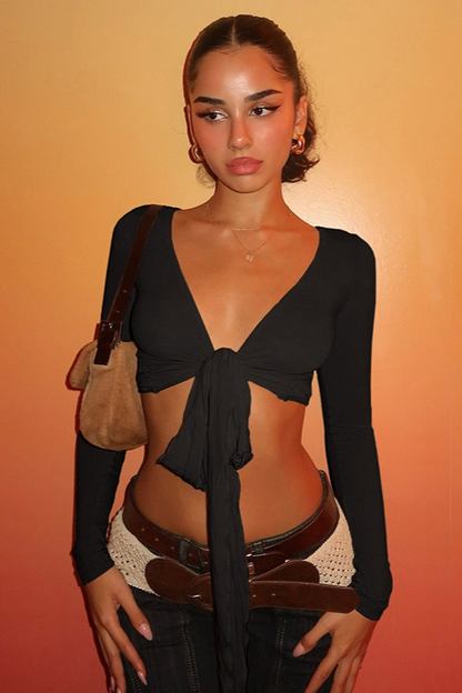 Wrap Tie V Neck Sexy Long Sleeve Cropped Crop Top