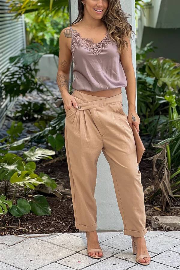 Taupe Unbalanced Button Cropped Pants