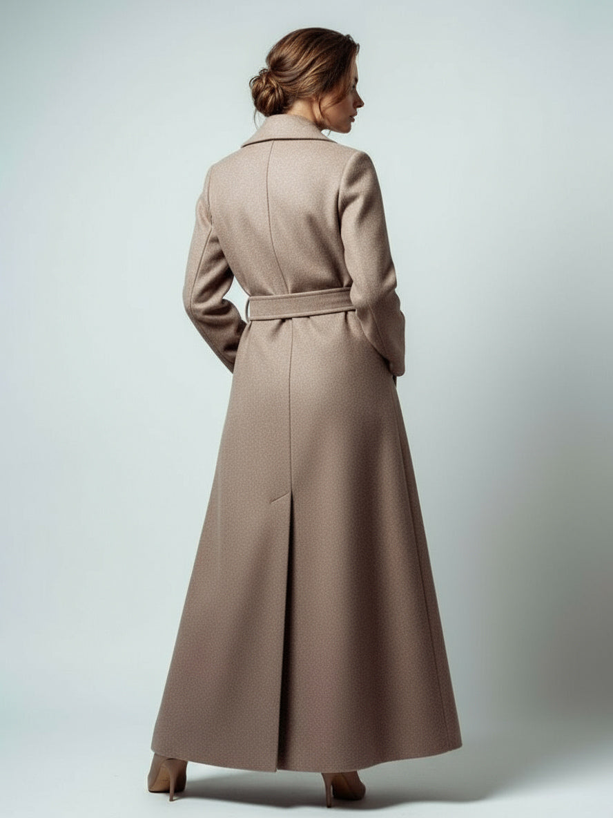 Maxi Double-breasted Woolen Coat With Detachable Cape And Belt For Women 2026