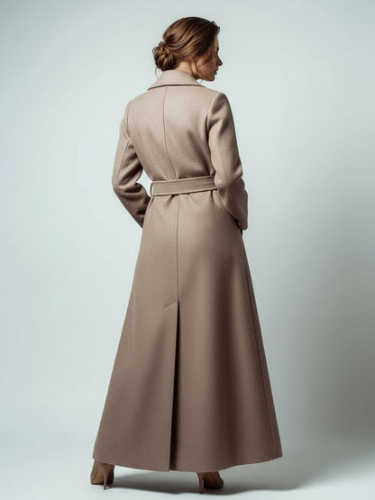 Maxi Double-breasted Woolen Coat With Detachable Cape And Belt For Women 2026