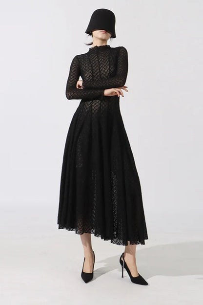 Mock Neck Geometric Crochet Knit Long Sleeve Fit and Flare Maxi Dress