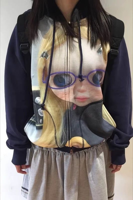 Whimsical Digital Print Zip Hoodie