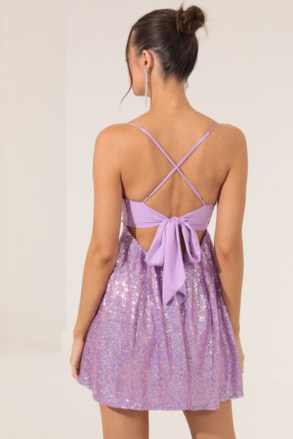 Spaghetti Strap Bow Contrast Chic Sexy Sequin Dress