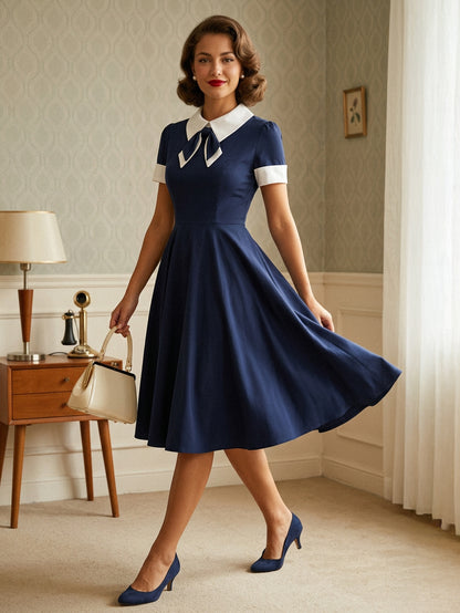Vintage 1950s Swing Cocktail Dress for Women - V Neck Short Sleeve A-Line Ruched Bust Rockabilly Midi Gown - Wedding Guest 2026