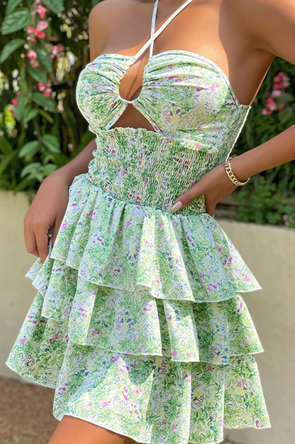 Halter Ruched Cutout Smocked Waist Tiered Ruffle Floral Mini Dress