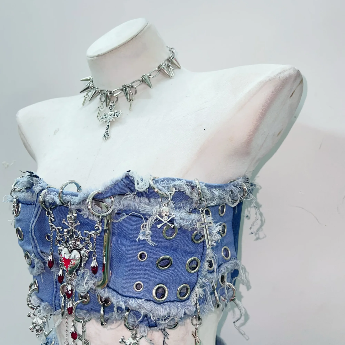 Denim o ring raw hem mini skirt set