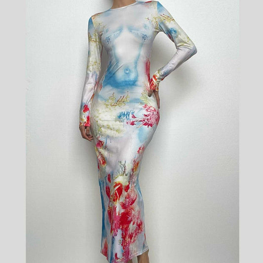 Long sleeve crewneck flower print contrast maxi dress-final-sale