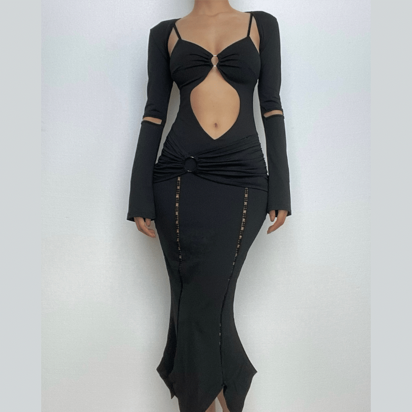 Long Sleeve O Ring Cutout Ruched Shrug Cami Midi Dress