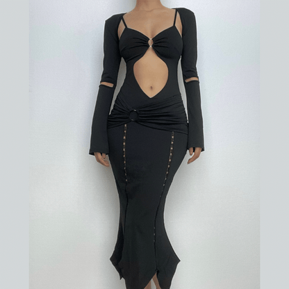 Long Sleeve O Ring Cutout Ruched Shrug Cami Midi Dress