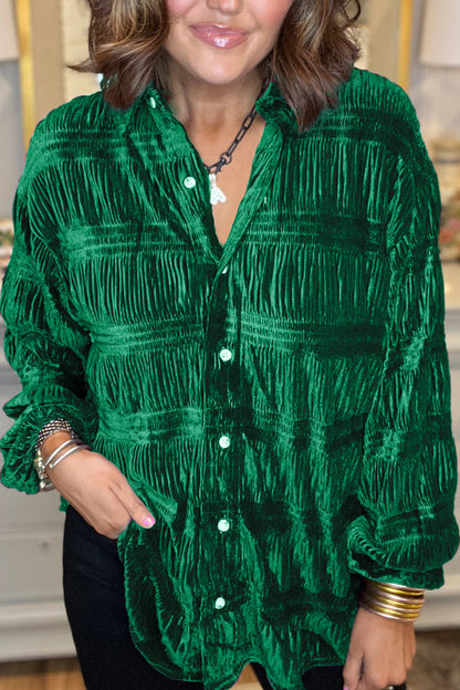 WOMEN'S SHIRRED VELVET BUTTON DOWN TOP