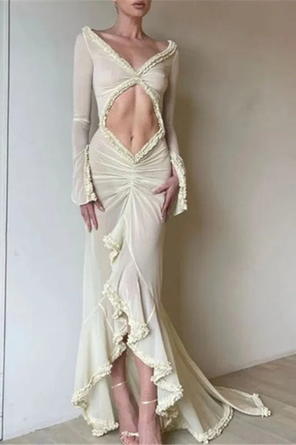 Diamond Cutout Deep V-Neck Bell Sleeve Ruffled Trim Mesh Maxi Dress