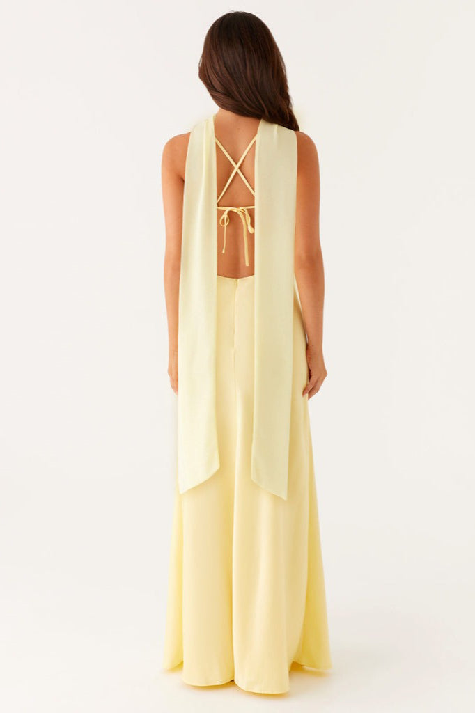V Neck Tie Back Satin Maxi Dress