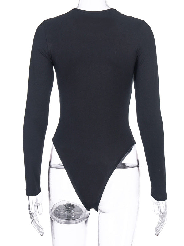Bodysuit Light Apricot Long Sleeves Piping Stretch Notched Neckline Sexy Cotton Top For Women