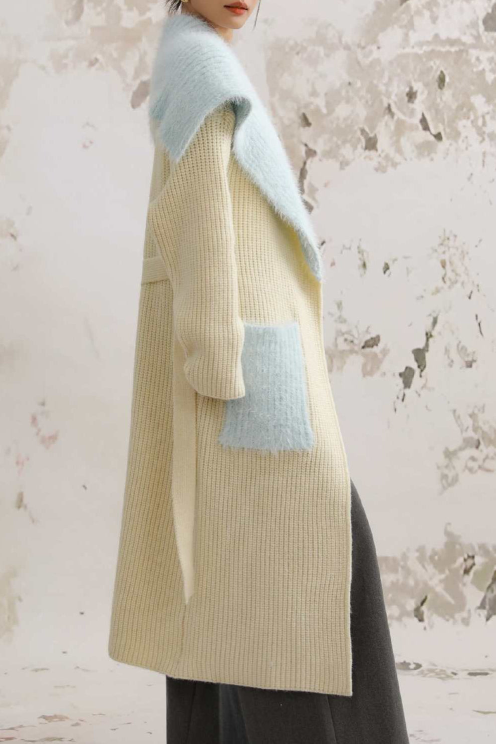 Faux Fur Collar Long Patchwork Loose Knit Overcoat