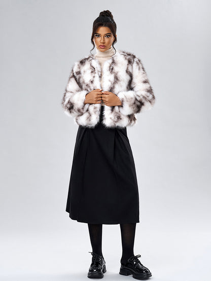 Faux Fur Coats Long Sleeves Casual Faux Fur Jacket Jewel Neck White Women Coat