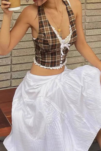 Sexy Plaid Lace Trim Halter Crop Top
