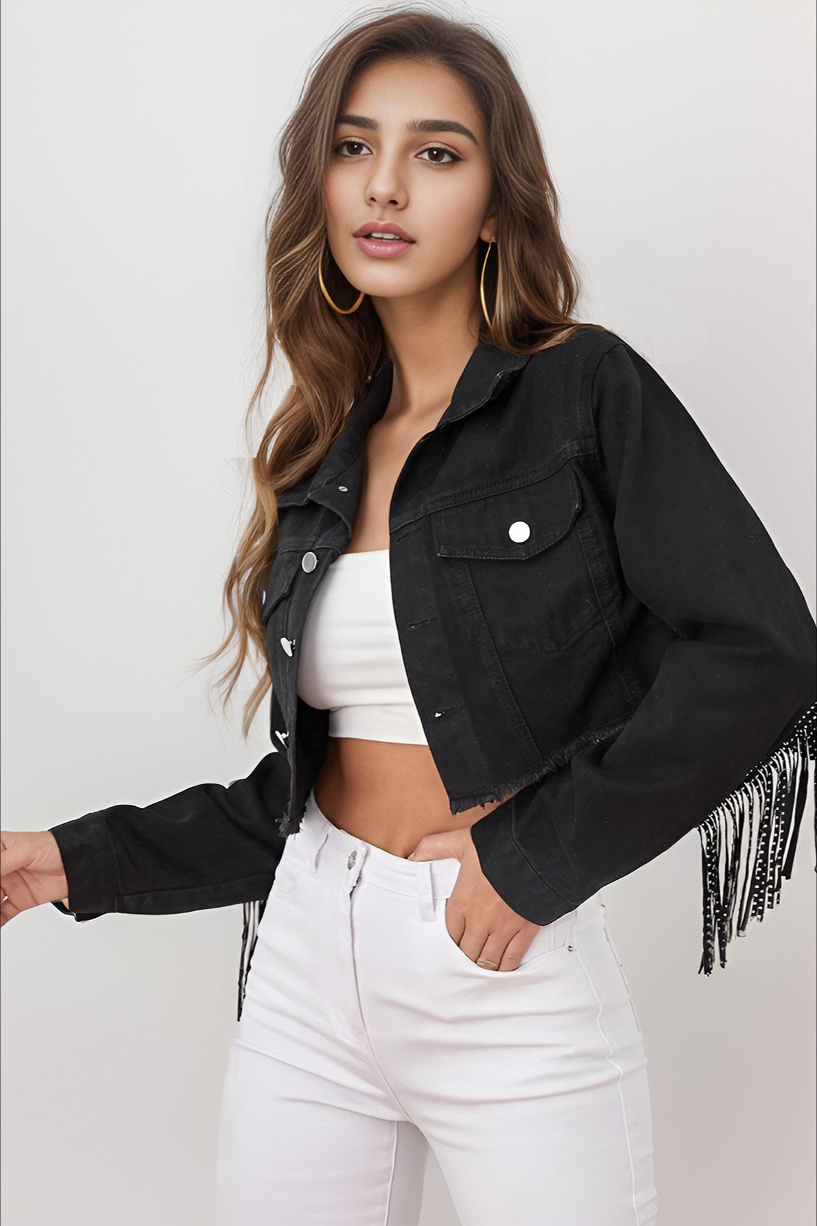 Beaded Fringe Raw Hem Denim Coat