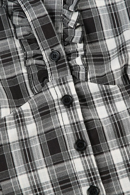 British Plaid Ruffled V Neck Puff Sleeve Blouse