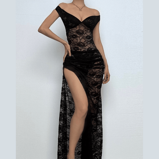 Off shoulder lace backless see through maxi skirt set