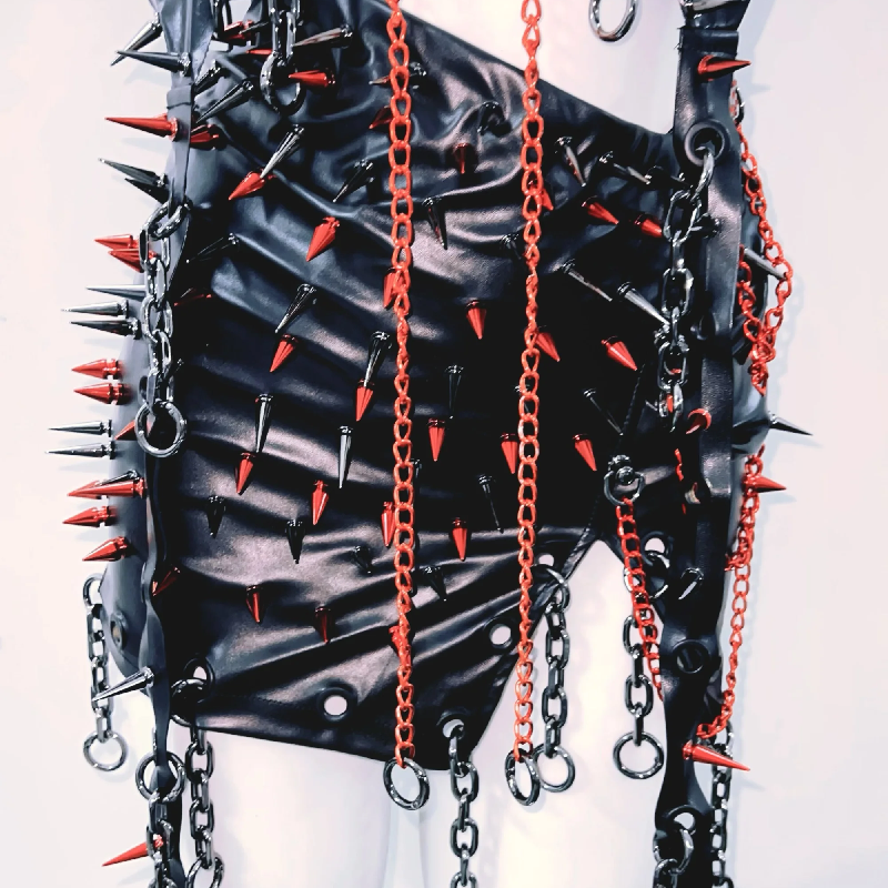 Metal chain lace up o ring rivet applique slit mini skirt set