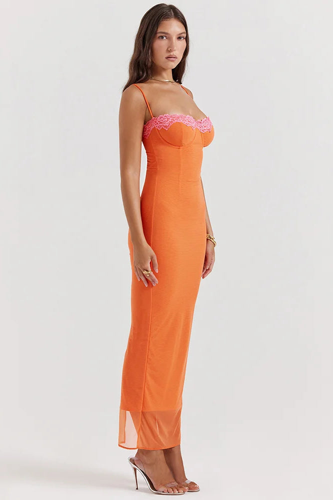 Lace Trim Bustier Sweetheart Underwire Rib Knit Sheer Hem Bodycon Maxi Dress