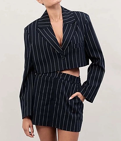 Black Print Crop Shirt Mini Office Two Piece Set