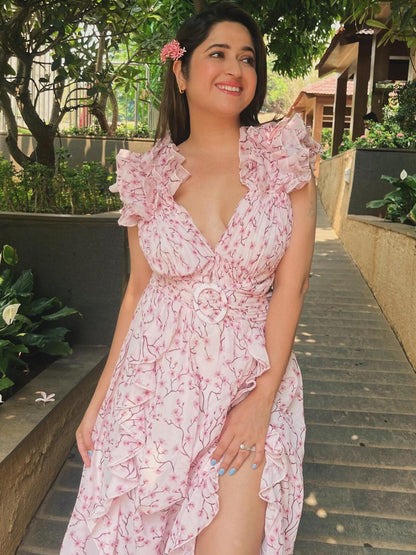 Floral Print Hollow Out Cutout Deep V Plunge Ruffled Backless Dress