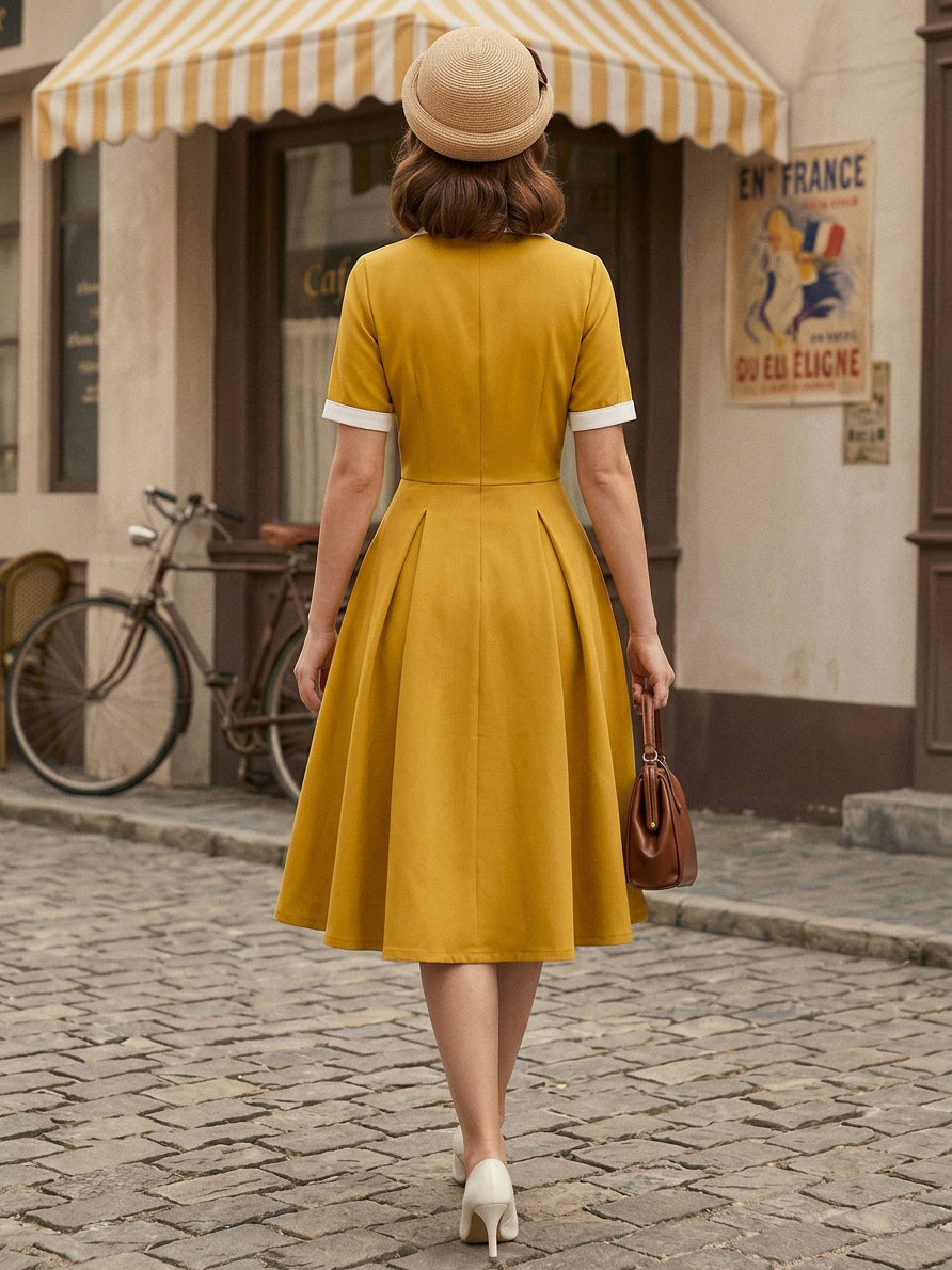 Retro Lapel Side Button Slim Fit Flare A Line Elegant Midi Dress For Women 2026