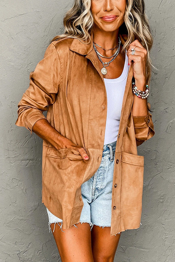 Camel Faux Suede Casual Pocketed Button Up Jacket