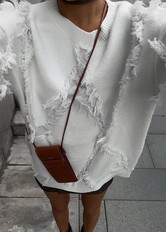 Fringed Textured Oversized Knit Sweater