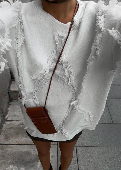 Fringed Textured Oversized Knit Sweater
