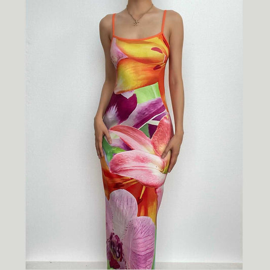 Flower print contrast u neck backless slit cami maxi dress-final-sale