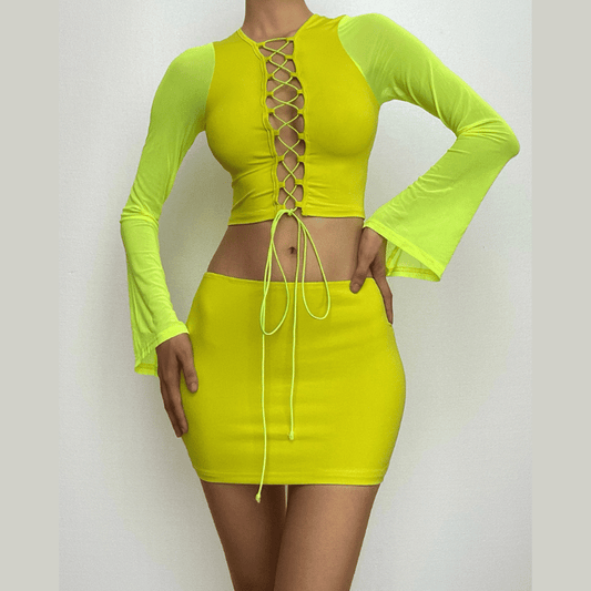 Long sleeve hollow out lace up mesh mini skirt set