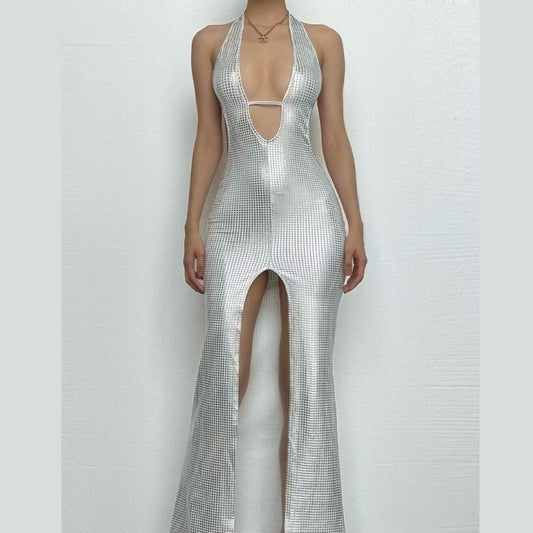 Halter deep V neck slit plaid hollow out cut out maxi dress