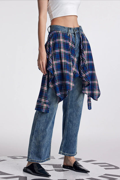 Vintage Plaid Patchwork Washed Micro-Flare Jeans