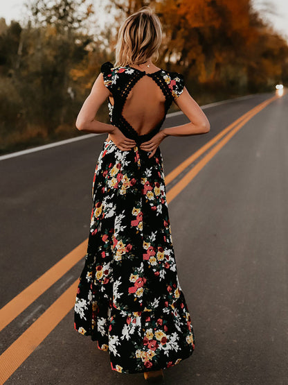 Black Floral Boho Maxi Dress for Women - High Low Hem Open Back Crochet Waist Long Dress - Summer Date Night Outfits 2026