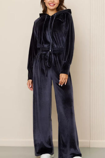 Fashion Zipper Open Velvet Casual Two -piece Suit