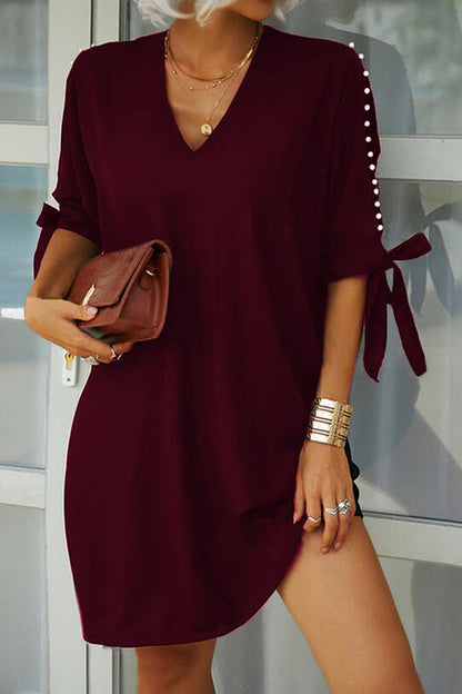 Solid color strapless V-neck beaded short-sleeved loose dress