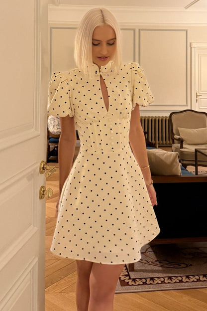 Polka Dot Mandarin Collar Keyhole Puff Sleeve Corset Waist Button Front Mini Dress