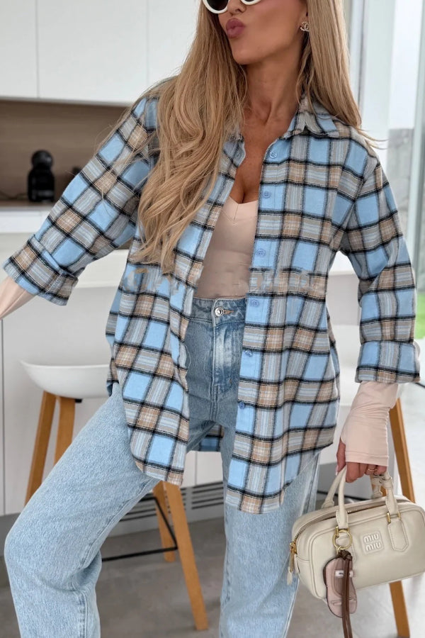 Love of Mine Plaid Print Long Sleeve Oversized Blouse