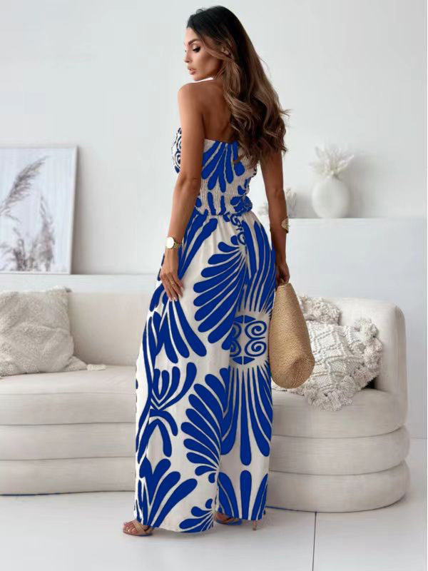 Dark Navy Printed Strapless Sleeveless Polyester Straight Summer One Piece Outfit