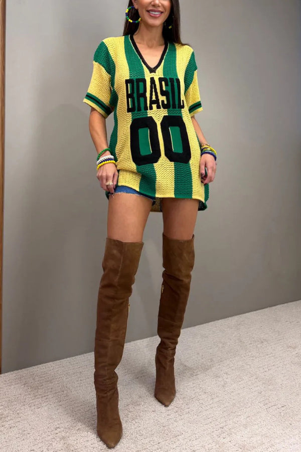 World Cup Letter Jacquard Loose V-neck Short-sleeved Knit Top