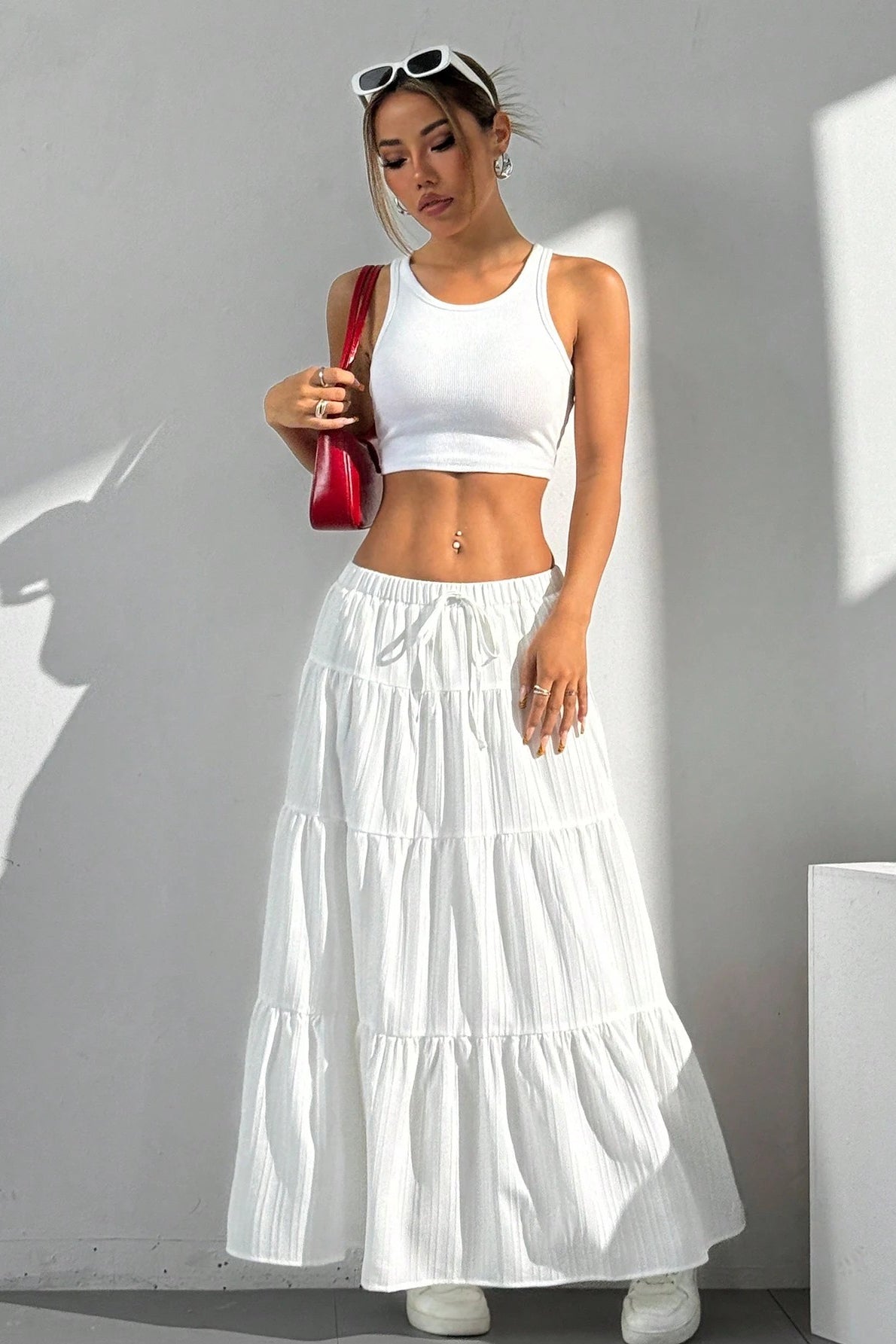 White Tie Waist A-Line Maxi Skirt